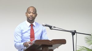 Mr. Raoul Pemberton, Director of the Department of Physical Planning and Environment, addressing staff recently at the department’s 1st training exercise at the Malcolm Guishard Recreational Park conference room