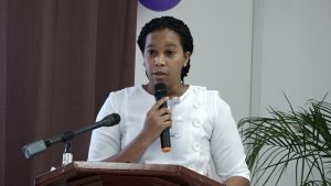 Nurse Dhaima Golding, Assistant Matron at the Alexandra Hospital delivering remarks at the Ministry of Health and Gender Affairs Maternity Guide booklet launch on June 24, 2022