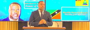 Premier Hon. Mark Brantley announces several government measures to bring relief to non-nationals in Nevis during his monthly press conference on June 30, 2022 at the Cabinet Room, Pinneys Estate, Nevis