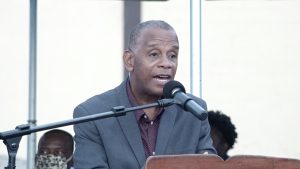 Hon. Eric Evelyn, Minister of Sports on Nevis at the official reopening of the Cicely Grell-Hull Dora Stevens Netball Complex in Charlestown