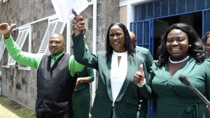 Dr. Patricia Bartlette of the Nevis Reformation Party candidate for Nevis 9 to contest the August 05 National Assembly Elections flanked by her witnesses Aleisi Phipps of Bath Village (left) and Jaedee Caines of Brazier’s Estate (right) after her nomination at the Charlestown Magistrate’s Court on July 26, 2022