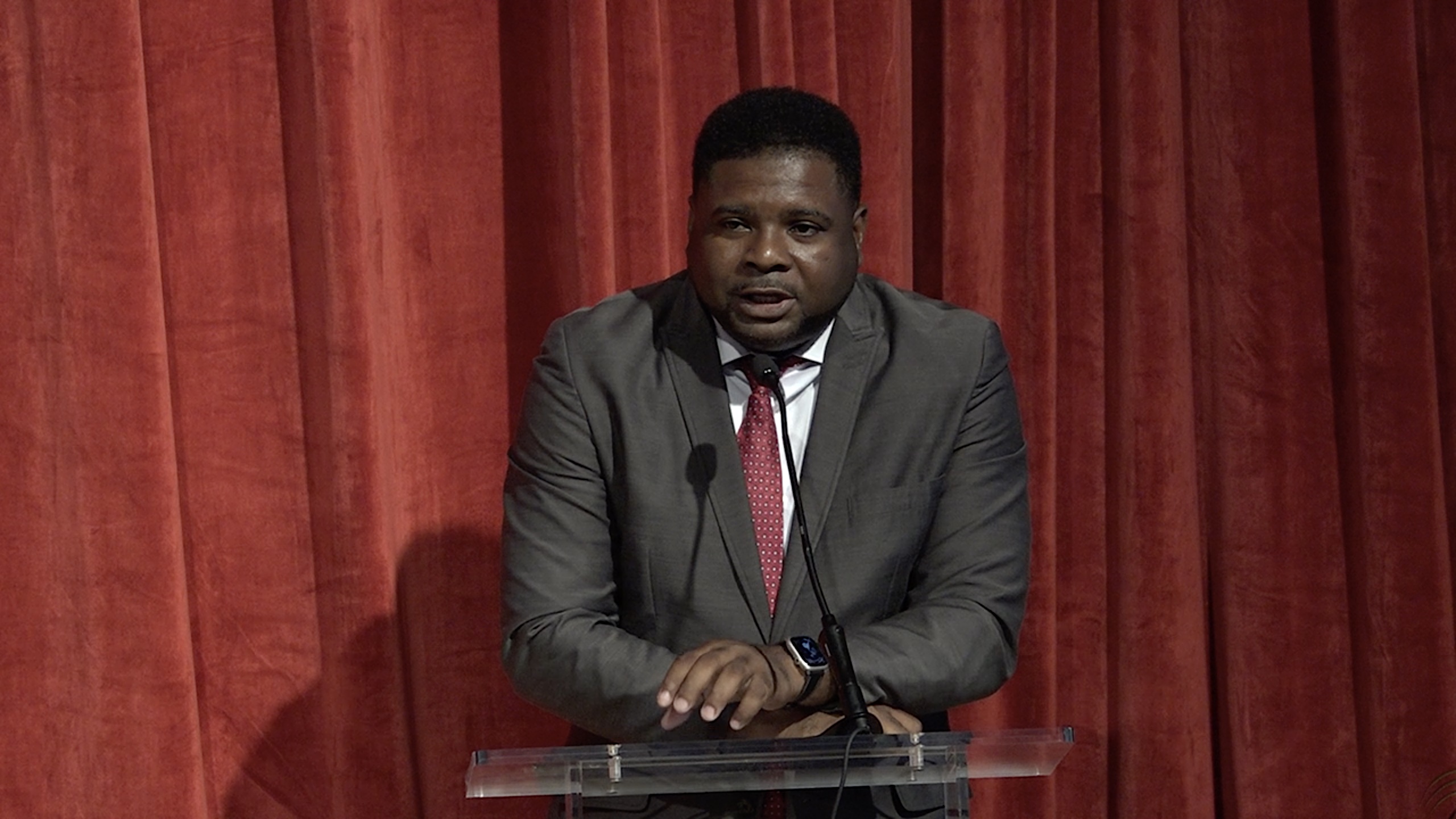 Hon. Troy Liburd, Junior Minister of Education on Nevis, delivering remarks at the Department of Education’s Back to School Convocation 2022 at the Nevis Performing Arts Centre on August 29, 2022