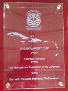 The plaque inscribed with the Novaport Cup Award captured by the Nevis Air and Sea Ports Authority at the recent Port Management Association of the Caribbean (PMAC) Virtual 25th Annual General Meeting