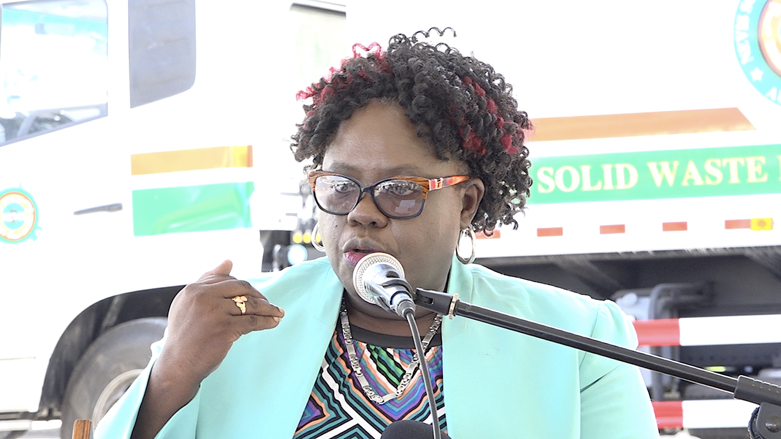 Hon. Hazel Brandy-Williams, Junior Minister of Health and Gender Affairs in the Nevis Island Administration, delivering remarks at the official handing over ceremony of four pieces of new equipment from the Nevis Island Administration on September 08, 2022, for use at the Nevis Solid Waste Management Authority’s landfill at Long Point