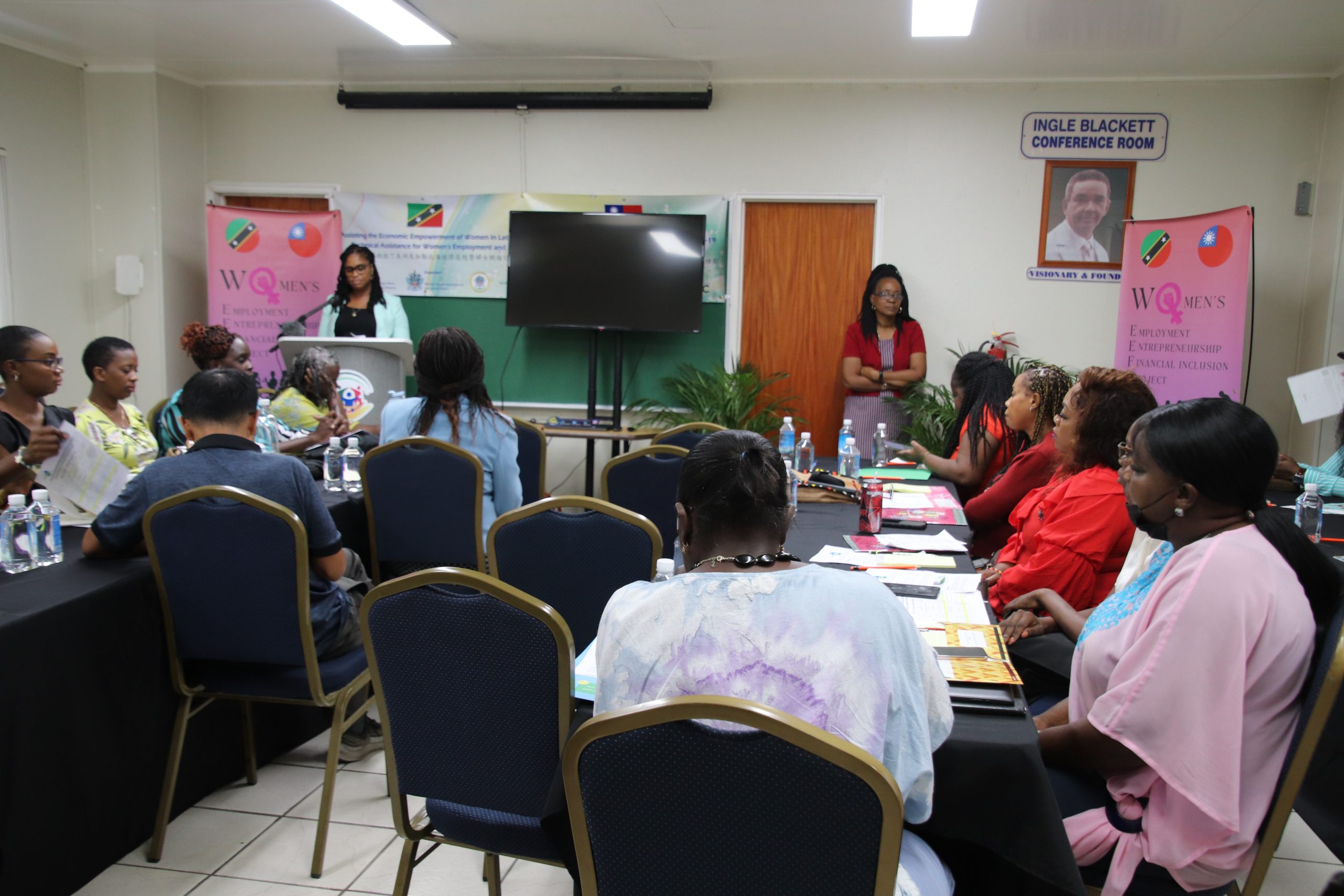 Ms. Latoya Jeffers, Assistant Secretary in the Ministry of Health and Gender Affairs, delivering remarks on behalf of Hon. Hazel Brandy-Williams, Junior of Minister of Health and Gender Affairs, at the “Microtrade Purchases & Sales Skills Training” at the Ingle Blackett Conference Room in Nevis on September 12, 2022, with more than 30 women in attendance