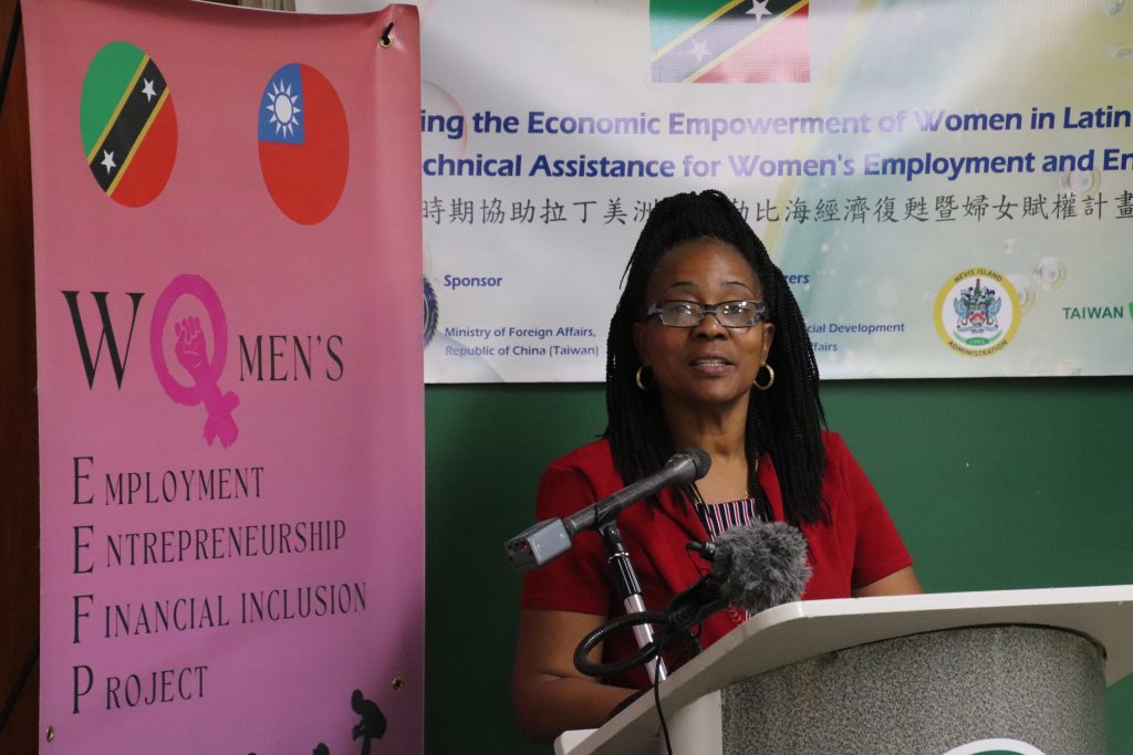 Ms. Catherine Forbes, Training Officer at the Department of Gender Affairs, delivering welcome remarks at a three-week workshop on “Microtrade Purchases & Sales Skills Training” at the Ingle Blackett Conference Room in Nevis on September 12, 2022