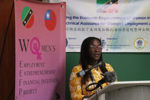 Ms. Claudia Walwyn, Project Coordinator of the Women’s Empowerment Entrepreneurship and Financial Inclusion Project, delivering remarks at the “Microtrade Purchases & Sales Skills Training” at the Ingle Blackett Conference Room in Nevis on September 12, 2022
