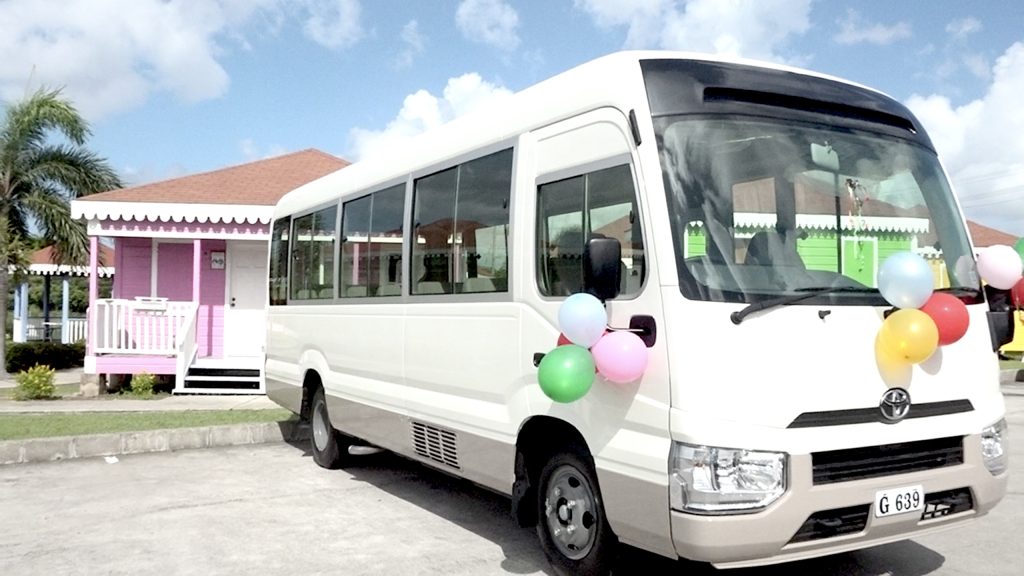 The Toyota Coaster bus donated by the Windsong Foundation to the Ministry of Education in the Nevis Island Administration