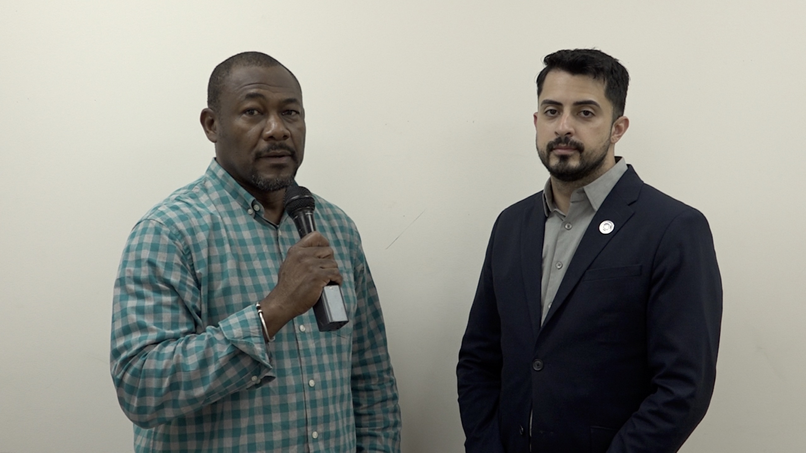 (L-r) Mr. Brian Dyer, Director of the Nevis Disaster Management Department, and Mr. Paulao Fernandes, the Latin American Caribbean Advisor for the Pacific Disaster Center at the University of Hawaii at the department’s conference room at Long Point on November 18, 2022