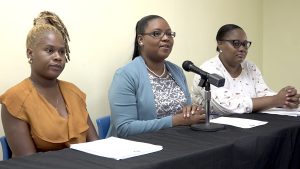 (L-r) M. Ishelle Huggins, Drug Abuse Prevention Officer; Ms. Zahnela Claxton, Principal Education Officer; and Mrs Karimu Byron-Caines, Director of the National Council on Drug Abuse Prevention at the Department of Education at Marion Heights in Nevis