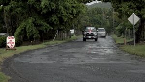 A road sign at Oualie on the Island Main Road on November 07, 2022, indicating where the Projects Team of the Nevis Water Department will prepare trenches for the installation of water mains as part of the Island Main Road Rehabilitation and Safety Improvement Project