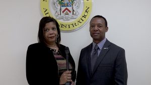(l-r) Dr. Kendra Harris, Dean of the School of Business at University of the Virgin Islands; and Mr. Mitchell Neaves, Vice President for Instructional Advancement at University of the Virgin Islands; both members of a delegation from the university to St. Kitts and Nevis at the office of Hon. Troy Liburd, Jr. Minister of Education on Nevis, on October 27, 2022