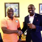 : (L-r) Hon. Alexis Jeffers, Minister of Agriculture on Nevis, welcoming Hon. Samal Duggins, Federal Minister of Agriculture, to his office at Pinney’s Estate on December 01, 2022