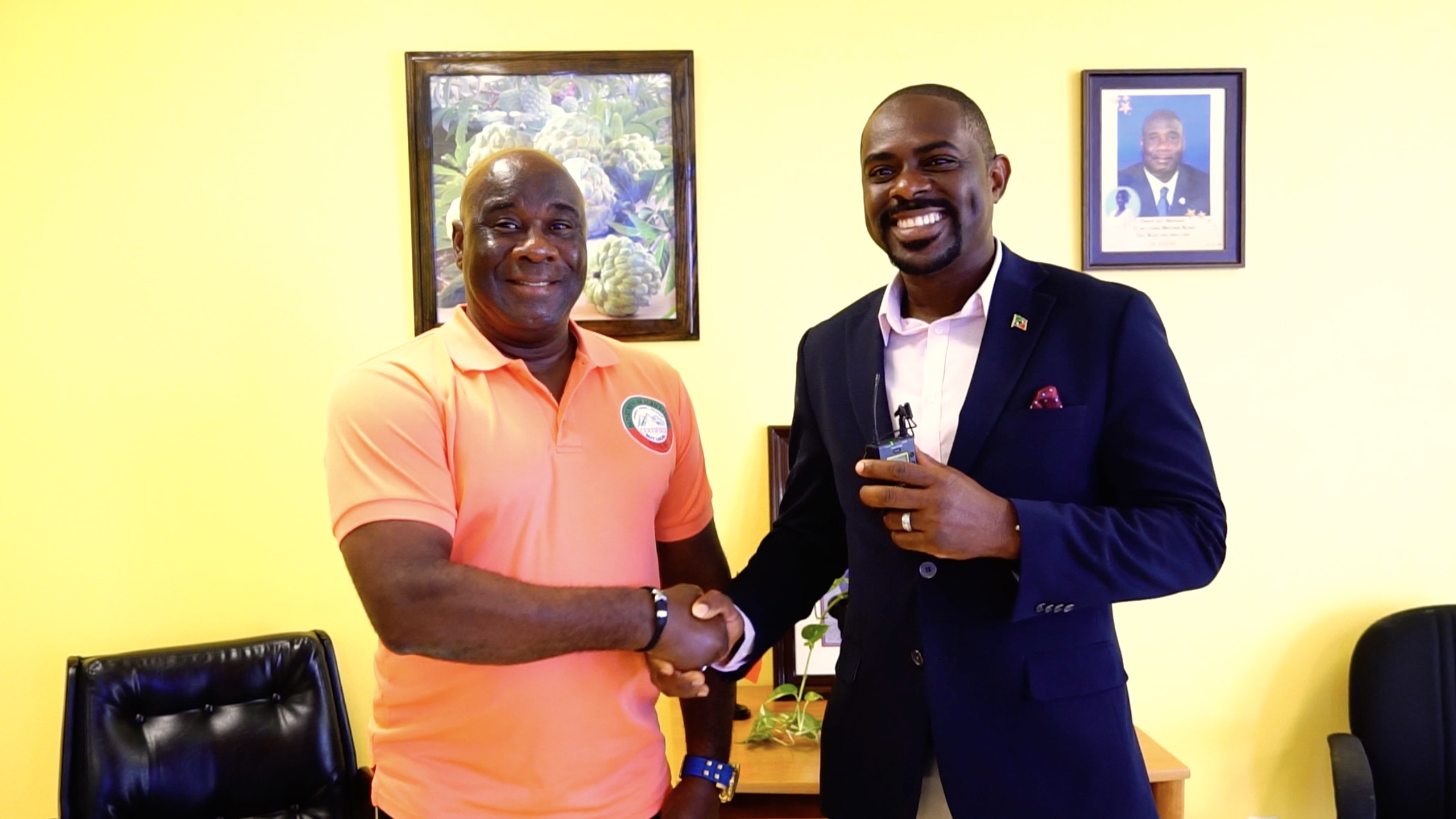 : (L-r) Hon. Alexis Jeffers, Minister of Agriculture on Nevis, welcoming Hon. Samal Duggins, Federal Minister of Agriculture, to his office at Pinney’s Estate on December 01, 2022