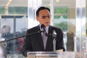His Excellency Michael Lin, Ambassador of the Republic of China (Taiwan) to St. Kitts and Nevis delivering remarks at a ceremony to mark the first anniversary celebration of the Malcolm Guishard Recreational Park on January 16, 2023