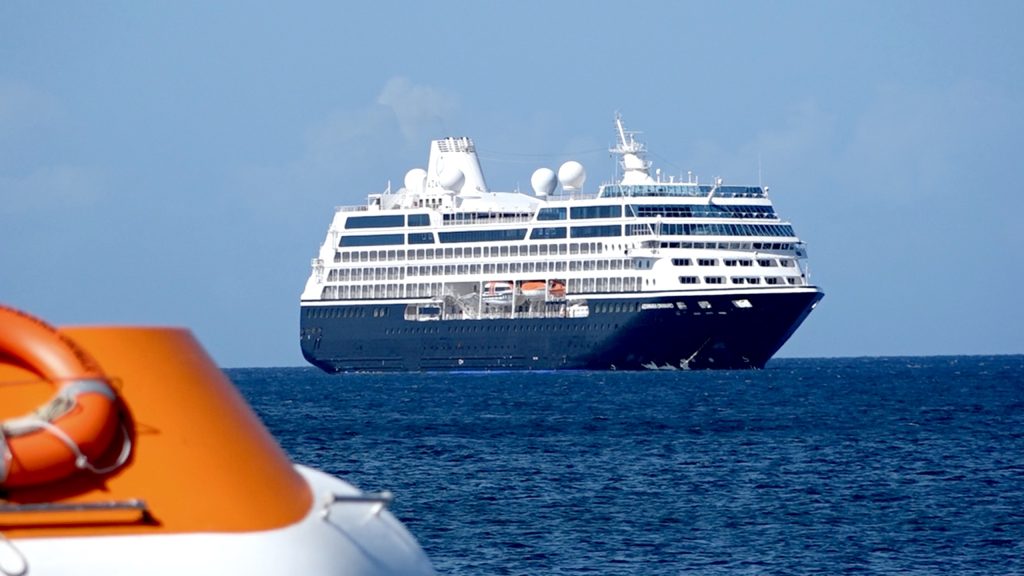 The Azamara Onward cruise ship on its maiden voyage to Nevis on January 09, 2023, anchored at the Charlestown Harbour