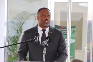 Hon. Mark Brantley, Premier of Nevis, delivering remarks at the unveiling ceremony of a portrait of the late Hon. Malcolm Guishard, patron of the Malcolm Guishard Recreational Park, at the Visitor Centre on January 16, 2023