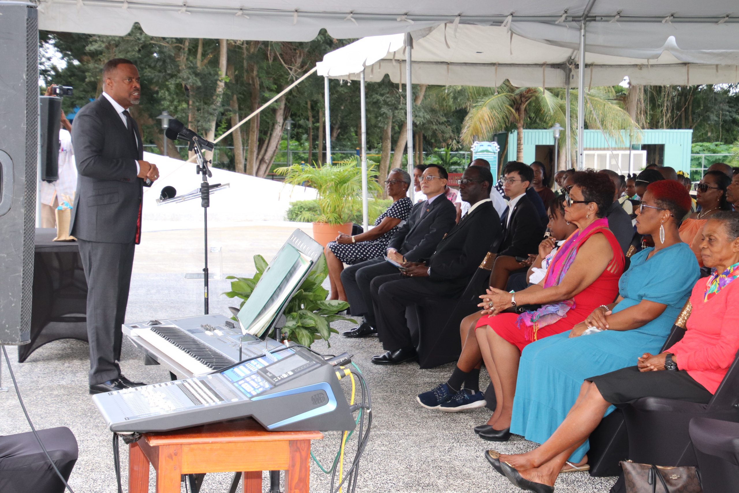 Hon. Mark Brantley, Premier of Nevis delivering remarks at a ceremony to mark the 1st anniversary of operations of the Malcolm Guishard Recreational Park on January 16, 2023
