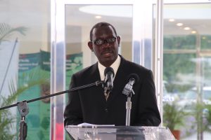 Mr. John Hanley, Permanent Secretary in the Ministry of Tourism on Nevis delivering remarks at a ceremony to mark the 1st anniversary of operations of the Malcolm Guishard Recreational Park on January 16, 2023