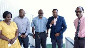 (L-r) Ms. Sharlene Martin, Vice president of the Nevis Cricket Association; Mr. Jamir Claxton, Director of the Department Sports; Mr. Carlisle Powell, President of the Nevis Cricket Association; Hon. Troy Liburd, Minister of Sports on Nevis, and his Permanent Secretary Mr. Kevin Barrett at the Elquemedo T. Willett Park for a handing over ceremony on March 01, 2023