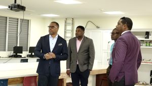 (L-r) Hon. Mark Brantley, Premier of Nevis; Hon. Troy Liburd, Minister of Education; Mr. Kevin Barrett, Permanent Secretary in the Ministry of Education; and Mr. Kayno David, Principal of the Gingerland Secondary, taking a look at the technical vocational wing of the school on March 23, 2023