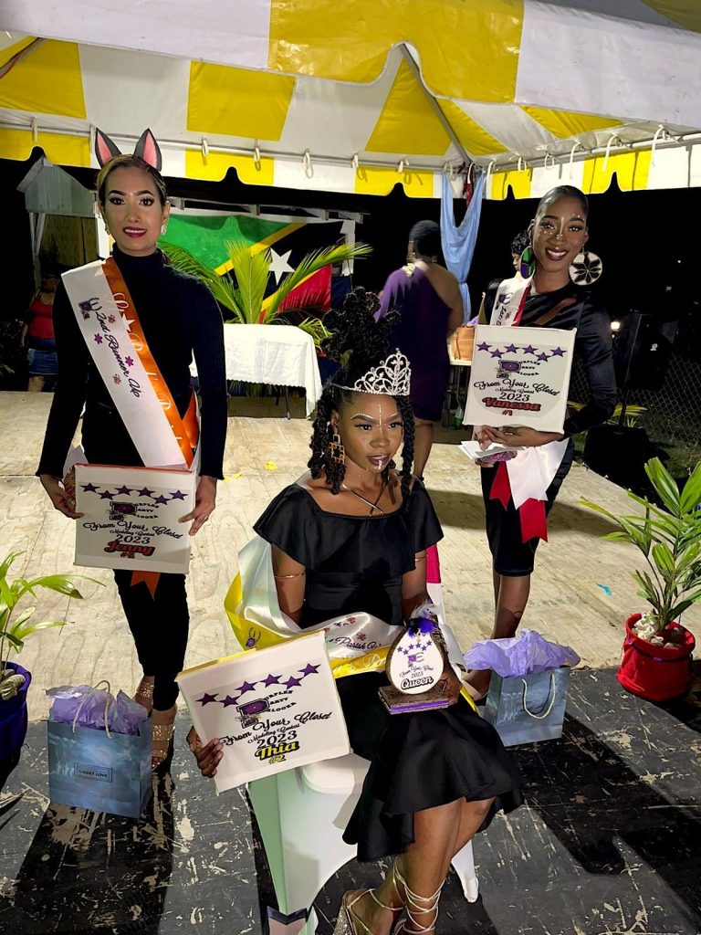Ms. Thia Claxton who represented the St. John’s Parish crowned queen of the first From Your Closet Modeling and Parish Contest hosted by the Purplez Party Palooza at Dew Drops Restaurant at Cades Bay on April 22, 2023, flanked by first runner up Miss Vanessa Simon of the St. James Parish; and second runner up Miss Jenny Seeram of the St. Paul’s Parish