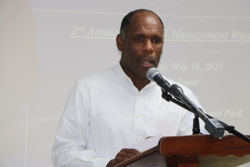 Mr. Colin Dore, Permanent Secretary in the Ministry of Finance delivering remarks at the start of the 2nd Annual Financial Management Workshop, hosted by the Premier’s Ministry in the Nevis Island Administration at the Malcolm Guishard Recreational Park on May 10, 2023