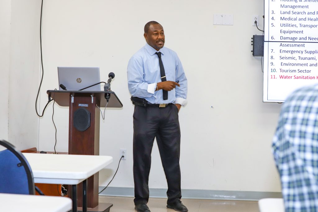 Mr. Brian Dyer, Director of the Nevis Disaster Management Department making a power point presentation at the first Nevis Disaster Management Committee (NDC) meeting hosted by the Nevis Disaster Management Department at Long Point on May 15, 2023, ahead of the 2023 Atlantic Hurricane Season