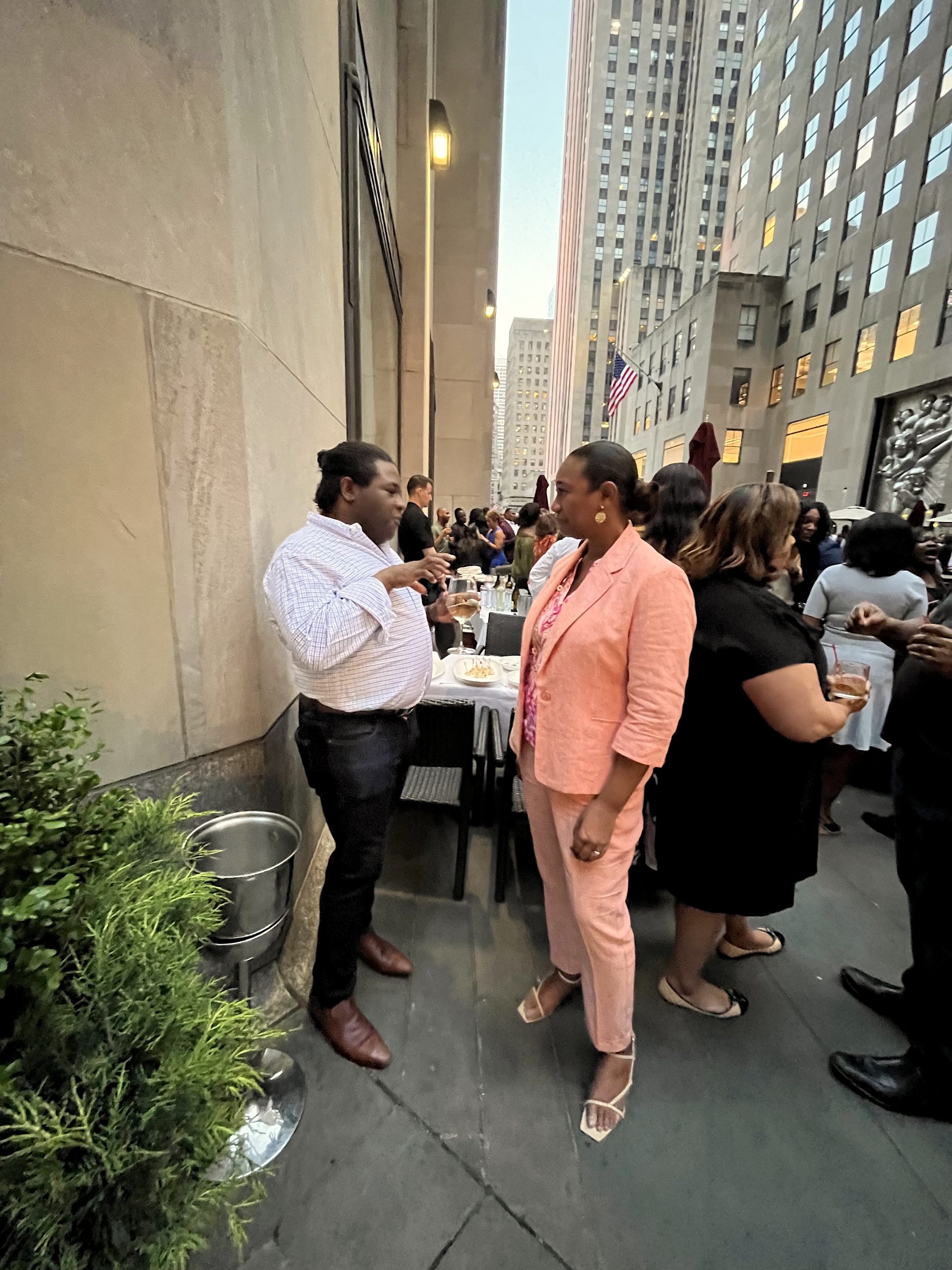 Mrs. Pamela Martin, Chairman of the Nevis Tourism Authority’s Board of Directors, interacting with guests at the “Brown Folks Connect” event at the Limani Restaurant at Rockefeller Plaza in Manhattan, New York on May 11, 2023
