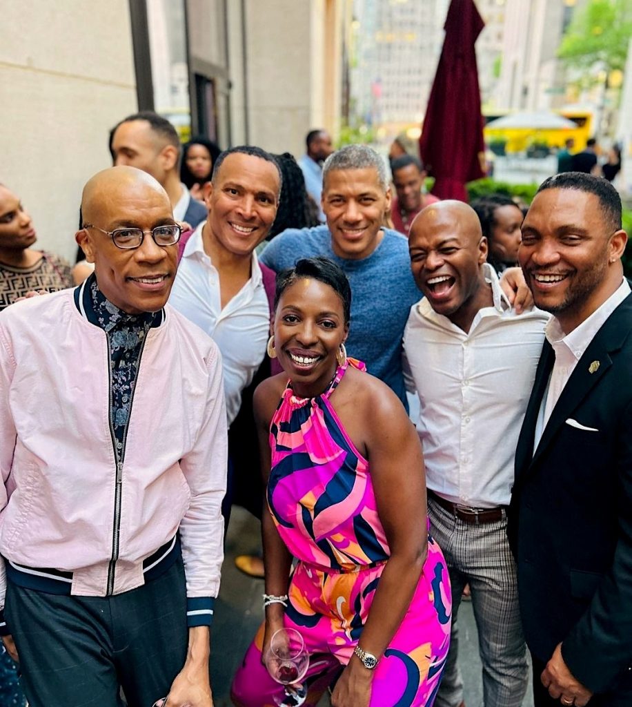 Ms. Candi Carter (front row), two-time Emmy Award winner and former executive producer of The Oprah Show, The Tamron Hall Show and Mr. Kendis Gibson (back row second from right), two-time Emmy Award winner, two of the three co-hosts of “Brown Folks Connect” event at the Limani Restaurant at Rockefeller Plaza in Manhattan, New York on May 11, 2023, with some of the invited guests