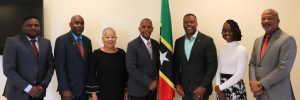 Members of the Nevis Island Administration Cabinet (l-r) the Honourable Senator Troy Liburd; Cabinet Secretary Mr. Stedmon Tross; NIA Legal Advisor Mrs. Hélène Lewis; Deputy Premier the Honourable Eric Evelyn; Premier of Nevis the Honourable Mark Brantley; the Honourable Senator Jahnel Nisbett; the Honourable Spencer Brand