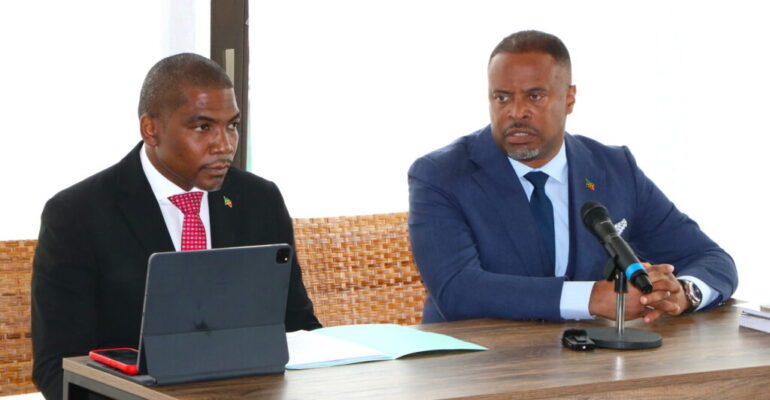 (l-r) Prime Minister of St. Kitts and Nevis the Honourable Dr. Terrance Drew with Premier of Nevis the Honourable Mark Brantley
